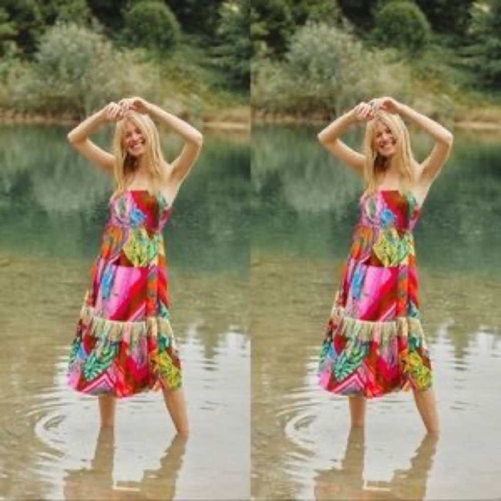 Farm Rio Anthropologie Palila Fringed Beaded Tassel Midi Dress